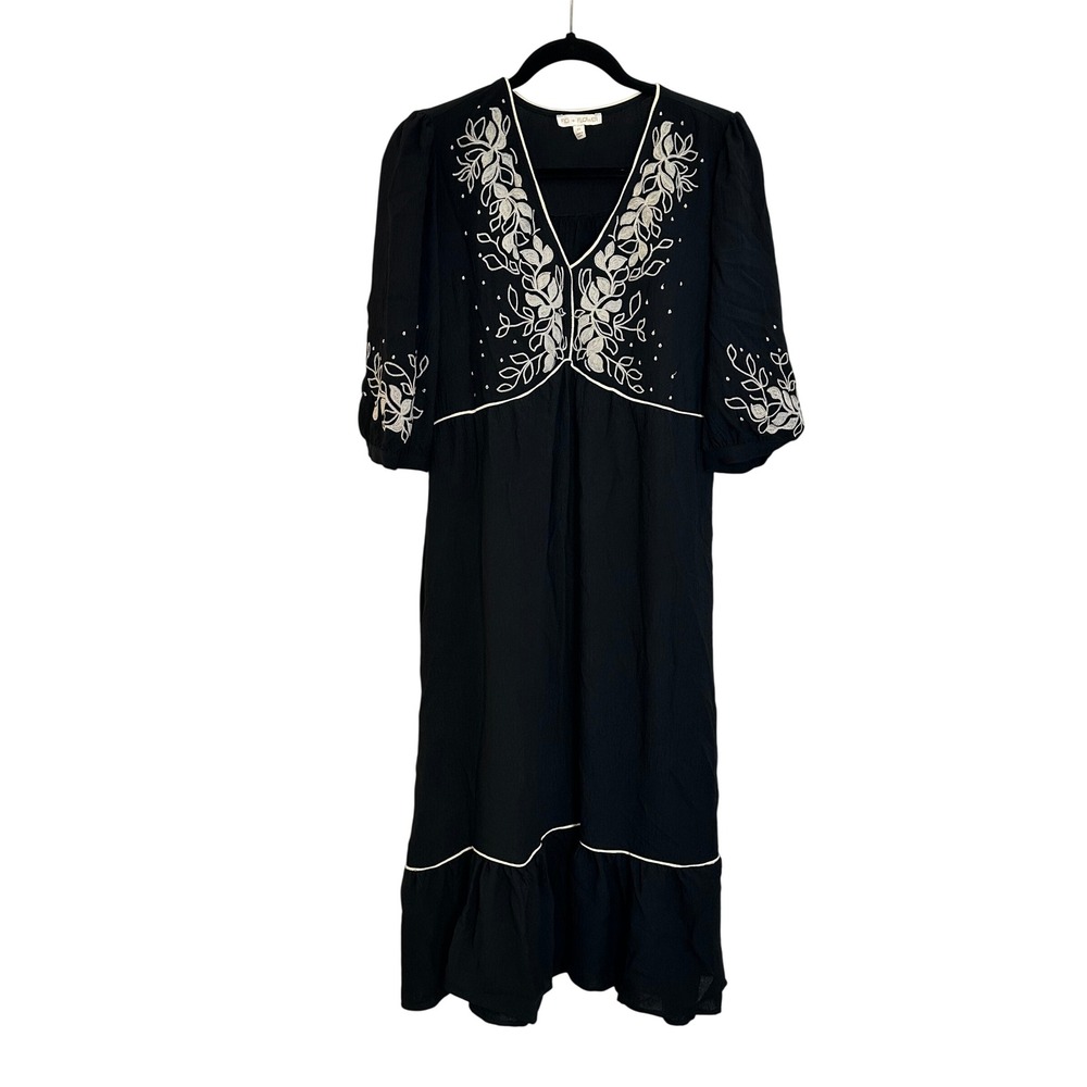 Fig‎ + Flower Embroidered Midi Dress Size M Black V-Neck Ruffle Boho Cottagecore